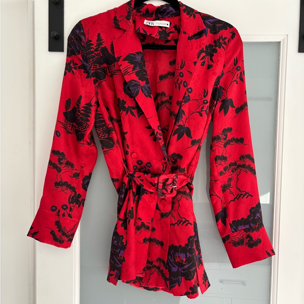 Zara Red Floral Belted Blouse